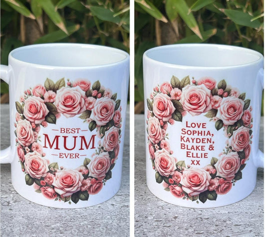 Mum, Mother, Nan personalised mug. Coffee,tea. Custom mug with names or message on the back for your lovely mum. 11oz cup.