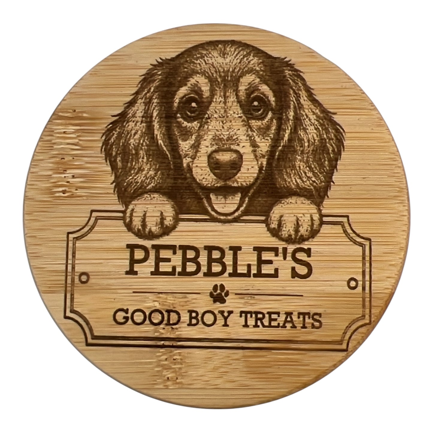 Personalised Dachshund Dog Treats Jar with Bamboo Lid, Custom Engraved Storage Container for Sausage Dog Gifts, 700ml Airtight Pet Food Canister