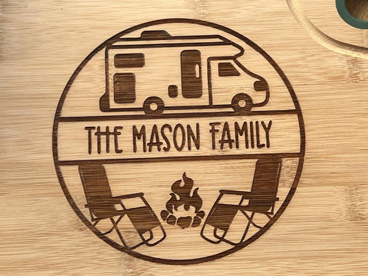 Personalised Motorhome engraved chopping board. Motorhome cutting board. Tourer or Tent design. Any name added.