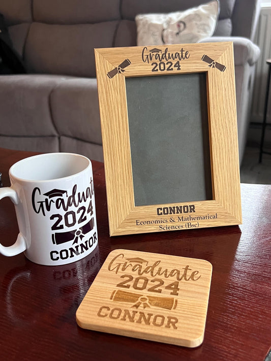 Graduation gift set. Engraved Frame, Coaster & Mug. Wonderful way to celebrate graduation. Keepsake.