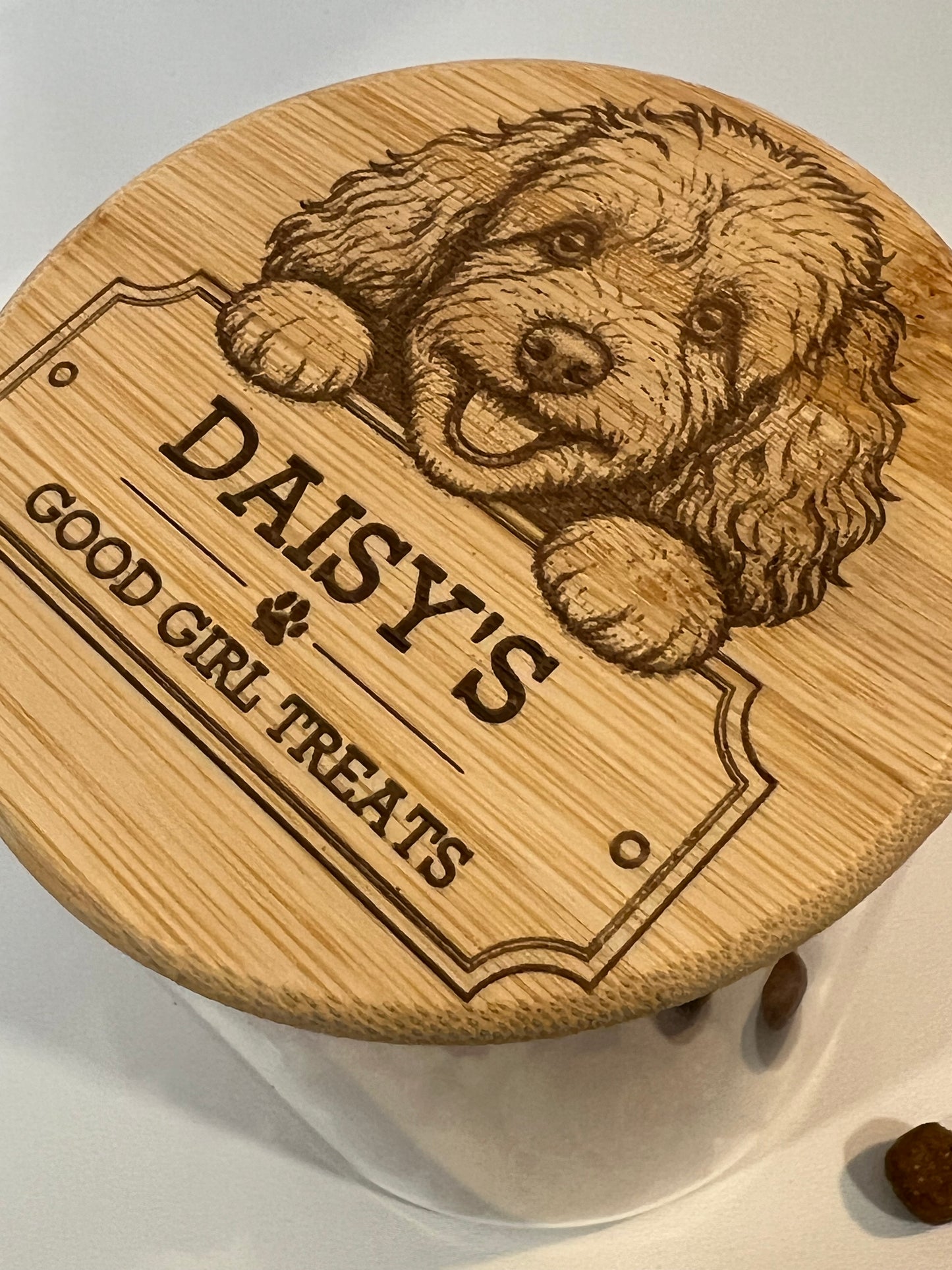Personalised Engraved Dog Treats Jar with Bamboo lid - Cockapoo. Laser Engraved Puppy Gift, Airtight Treats Container.