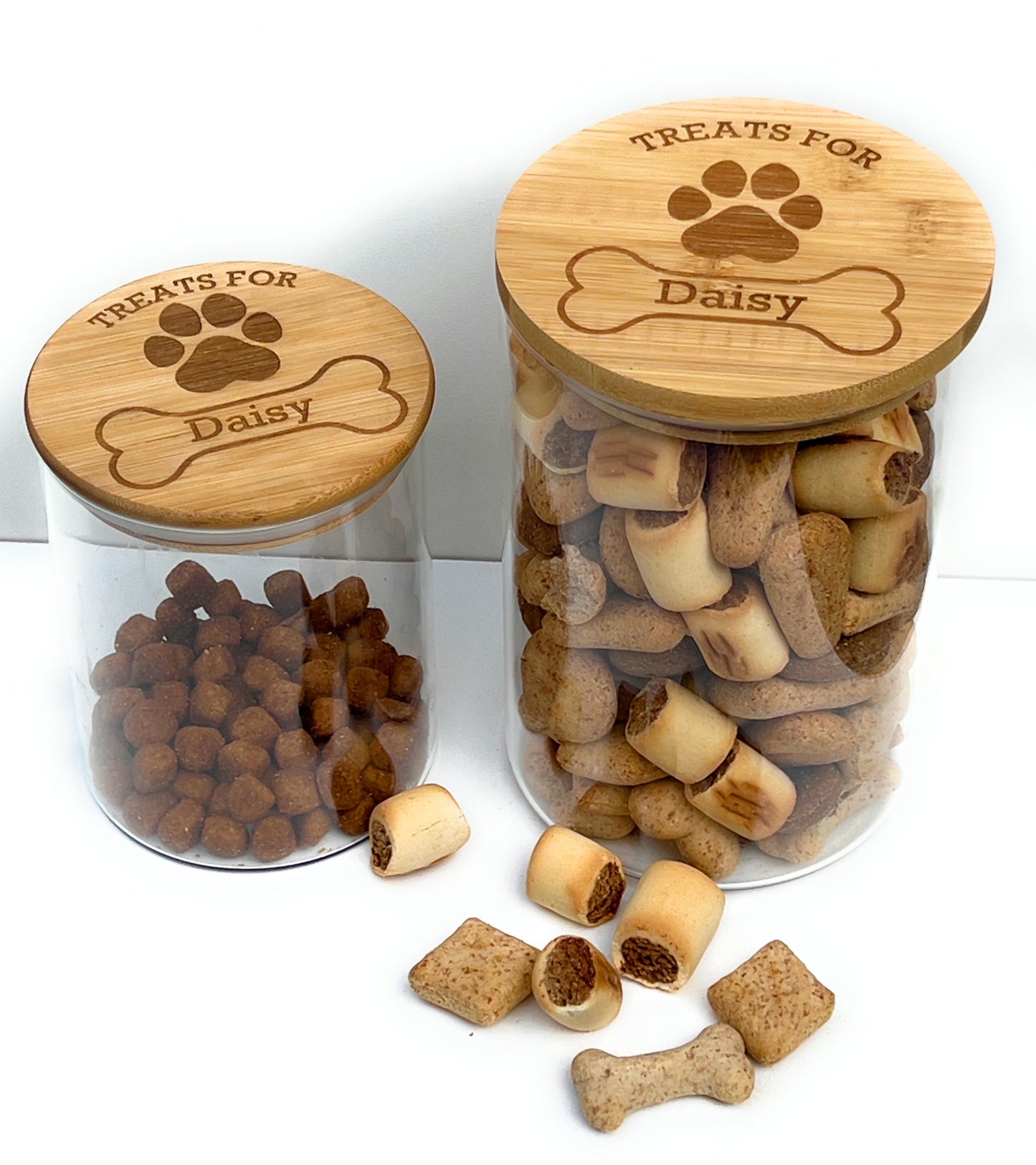 Personalised Dog Treats Jar | Engraved Bamboo Lid | 2 Sizes