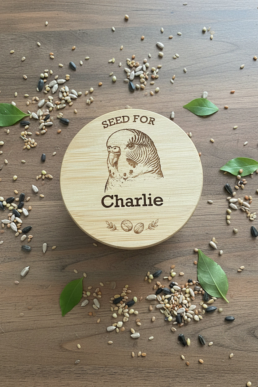 Personalised Engraved Bird Seed Jar — Budgie, Parakeet & Parrot Design