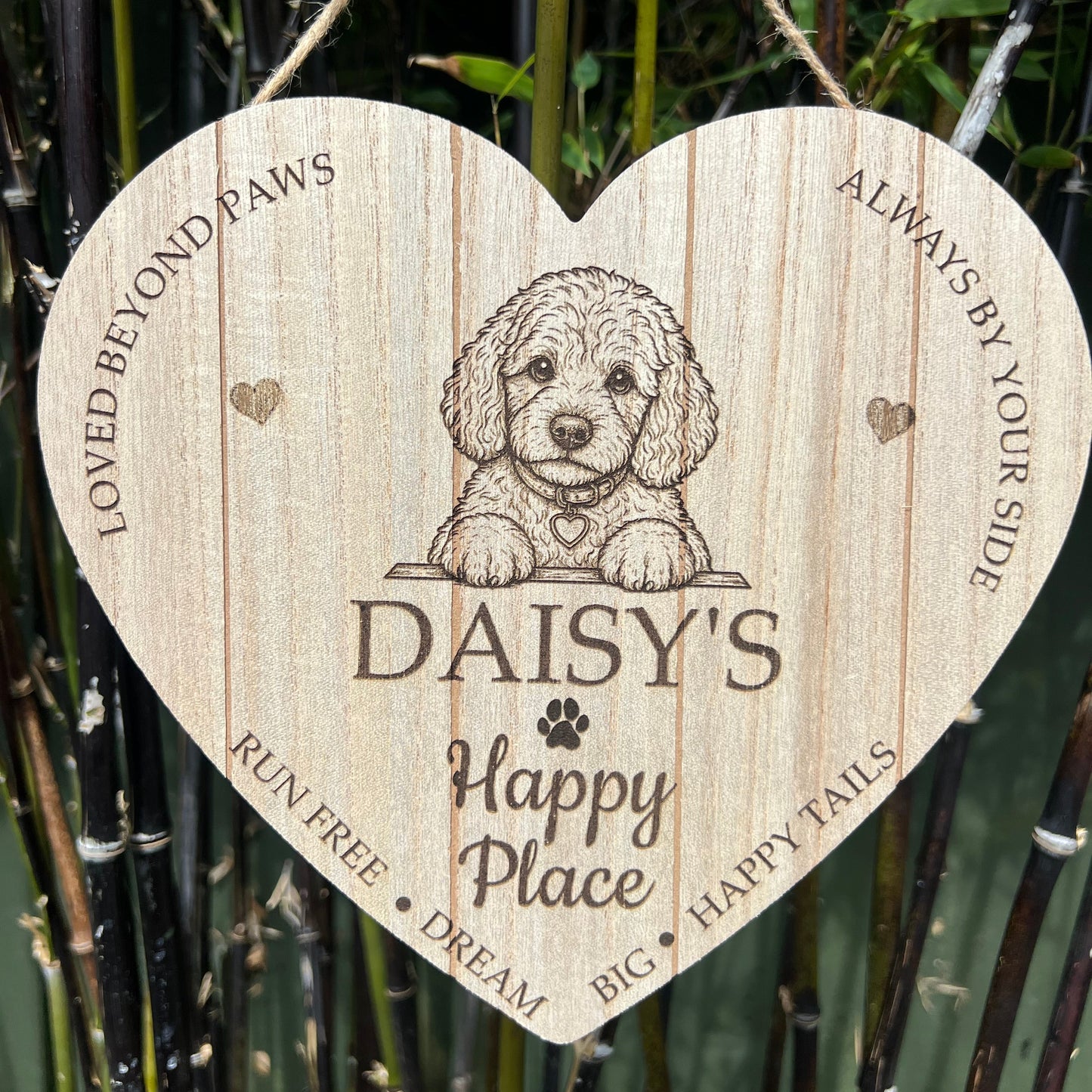 Personalised Dog Heart Plaque Sign – Laser Engraved Wooden Wooden Effect MDF Wall Hanging (23.5cm) – Custom Name & Breed Pet Gift or Dog Corner Decor