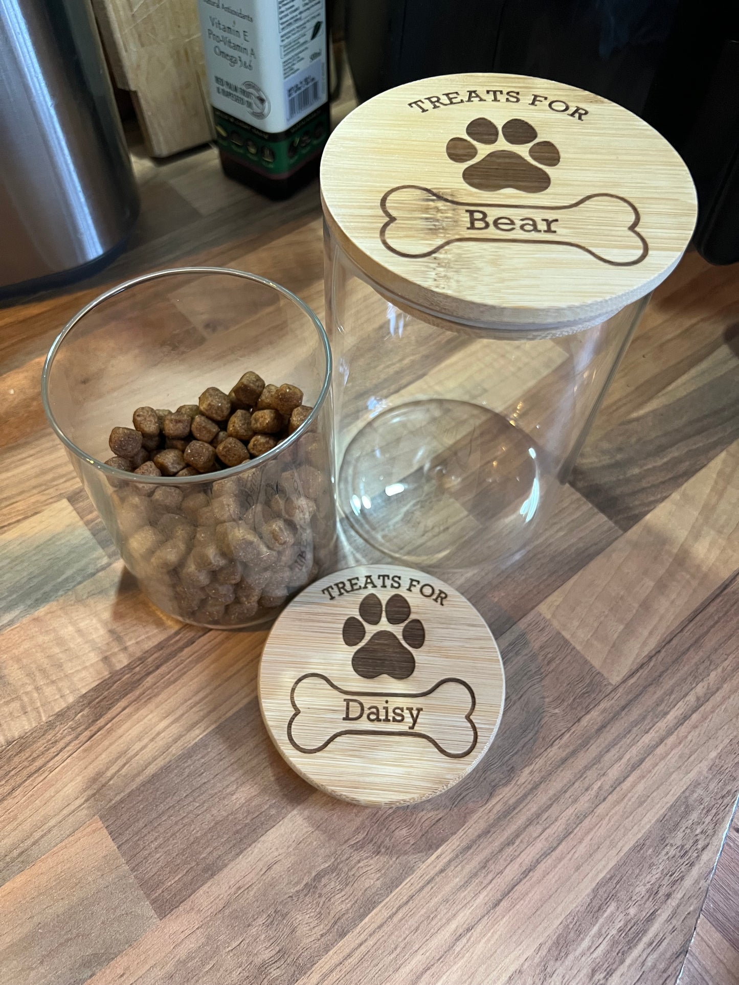 Dog treats jar personalised with name. engraved. pet treats storage jar, can be custom made to any words 2 sizes . Airtight bamboo lid.