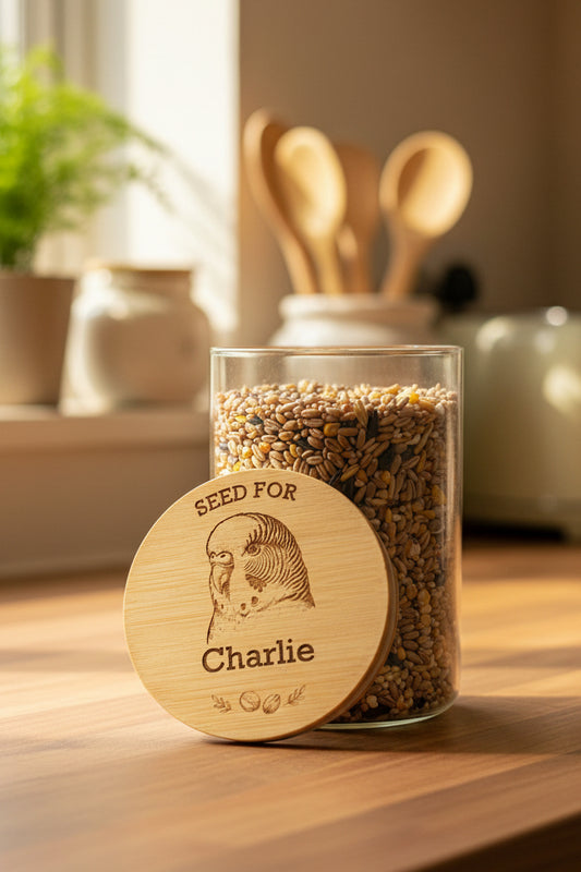 Personalised Engraved Bird Seed Jar — Budgie, Parakeet & Parrot Design