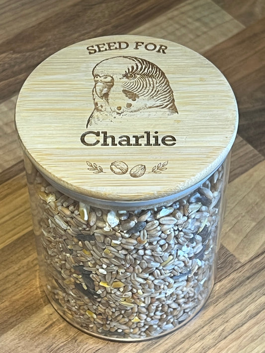 Personalised Engraved Bird Seed Jar — Budgie, Parakeet & Parrot Design