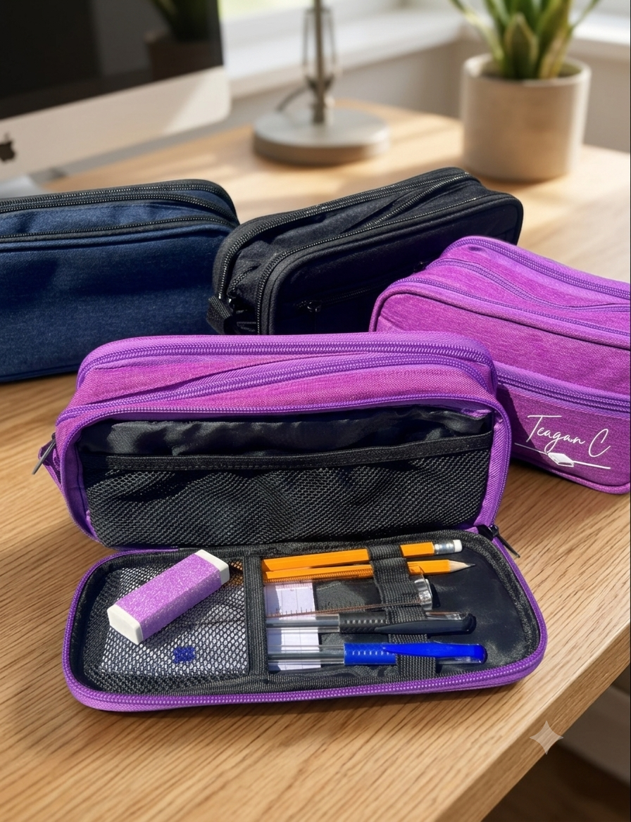 Personalised Pencil Case | Multi-Zip Organiser with Name & Image | School, Uni & Office