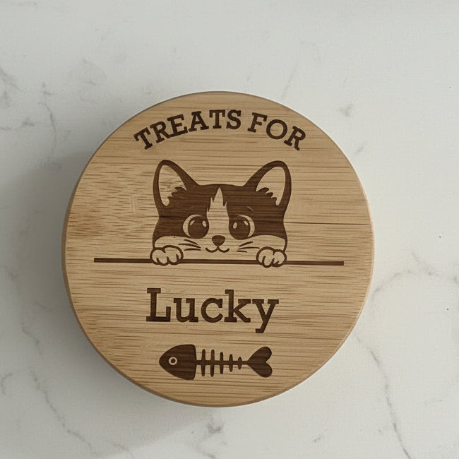 Personalised Cat Treats Jar | Engraved Bamboo Lid | 700ml New Kitten Gift