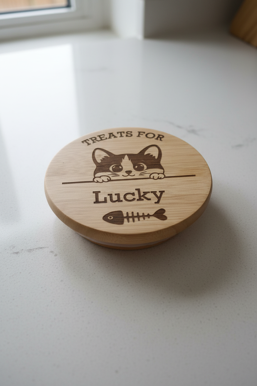Personalised Cat Treats Jar | Engraved Bamboo Lid | 700ml New Kitten Gift