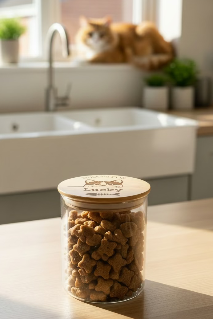Personalised Cat Treats Jar | Engraved Bamboo Lid | 700ml New Kitten Gift