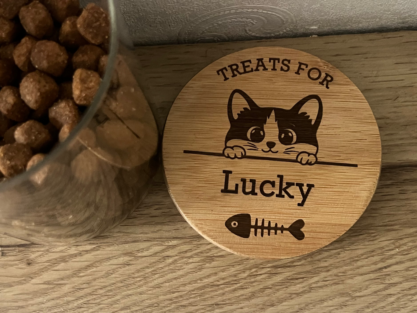 Personalised Cat Treats Jar | Engraved Bamboo Lid | 700ml New Kitten Gift