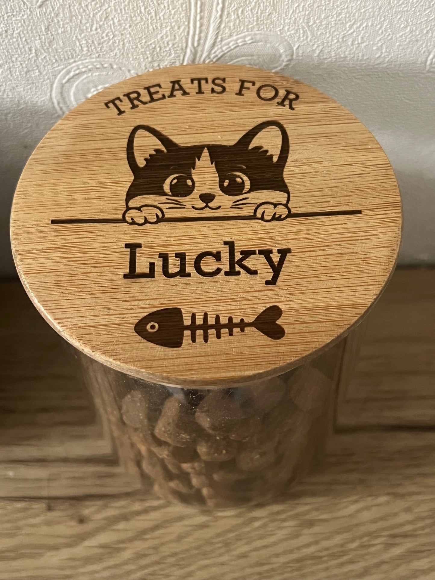 Personalised Cat Treats Jar | Engraved Bamboo Lid | 700ml New Kitten Gift