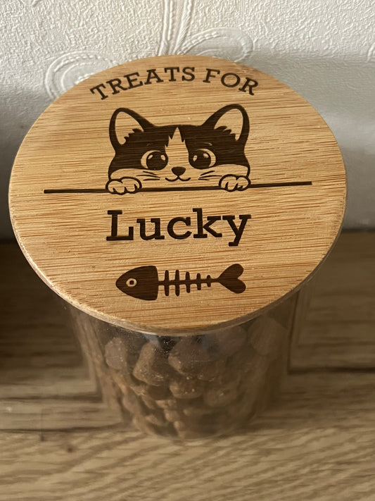 Personalised Cat Treats Jar | Engraved Bamboo Lid | 700ml New Kitten Gift