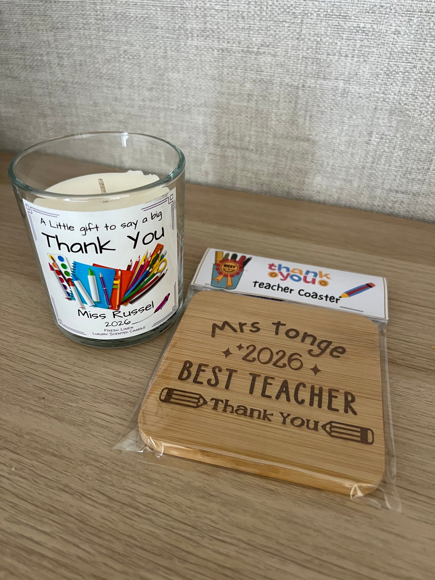 Teacher Thank You Scented Candle and Bamboo Coaster Personalised with Teachers Name.