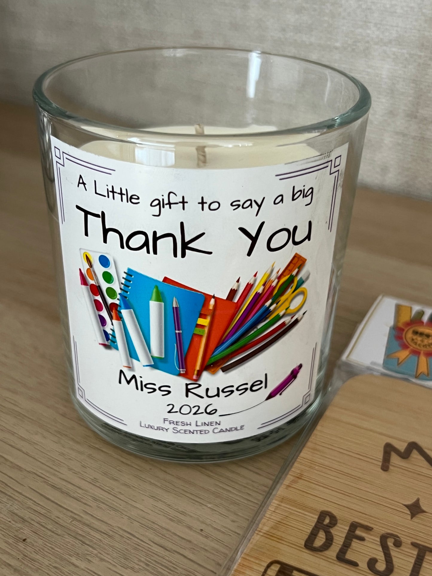 Teacher Thank You Scented Candle and Bamboo Coaster Personalised with Teachers Name.