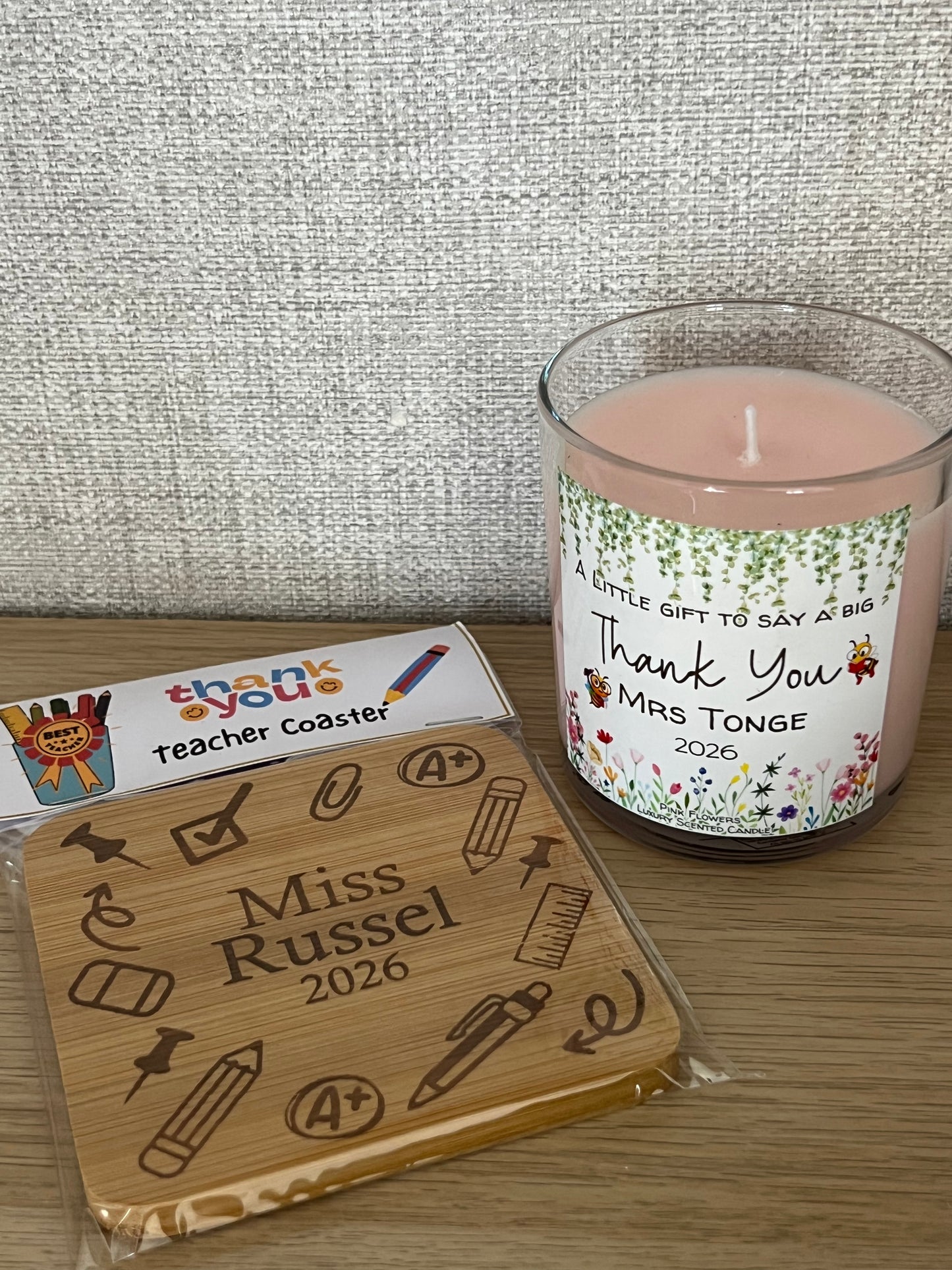 Teacher Thank You Scented Candle and Bamboo Coaster Personalised with Teachers Name.