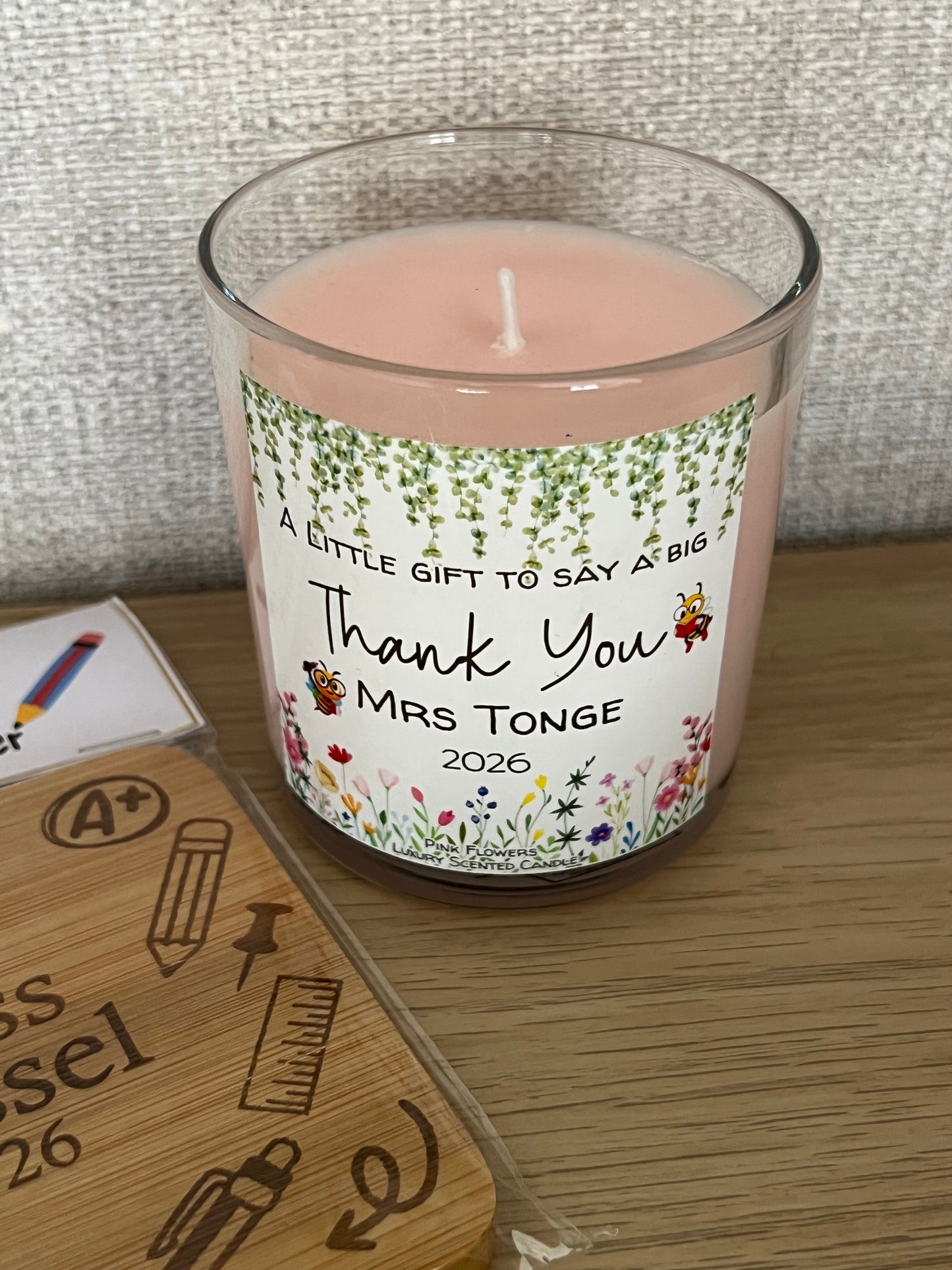 Teacher Thank You Scented Candle and Bamboo Coaster Personalised with Teachers Name.