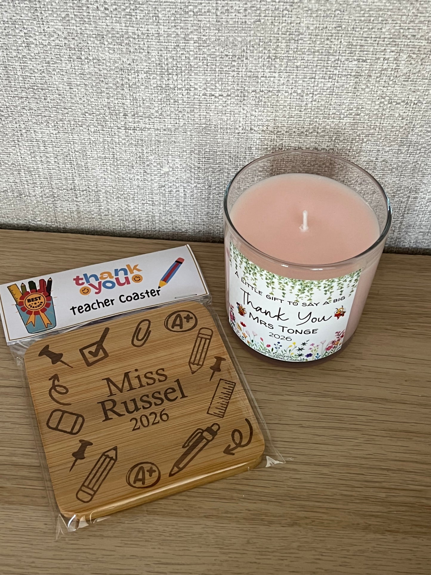 Teacher Thank You Scented Candle and Bamboo Coaster Personalised with Teachers Name.