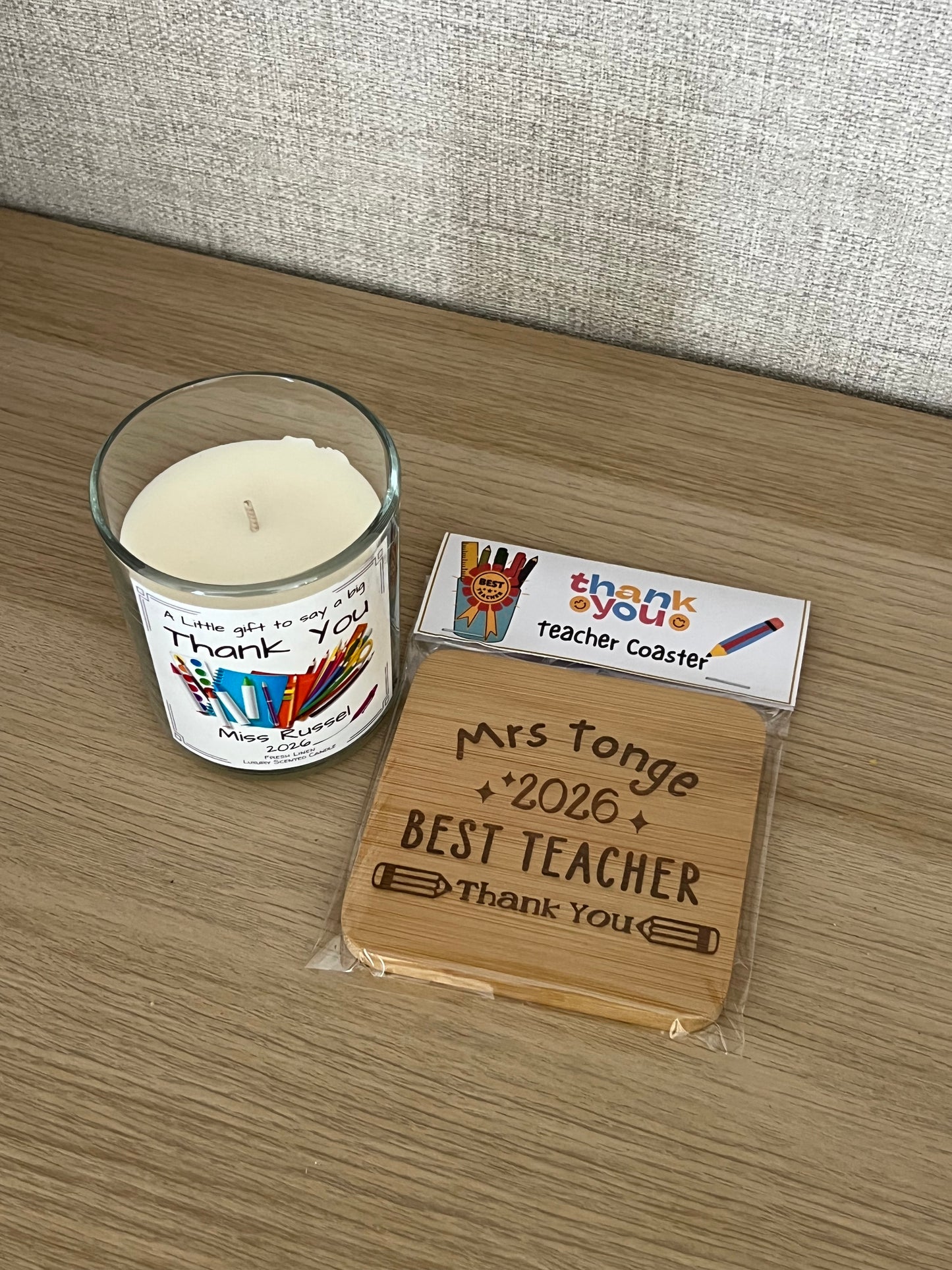 Teacher Thank You Scented Candle and Bamboo Coaster Personalised with Teachers Name.