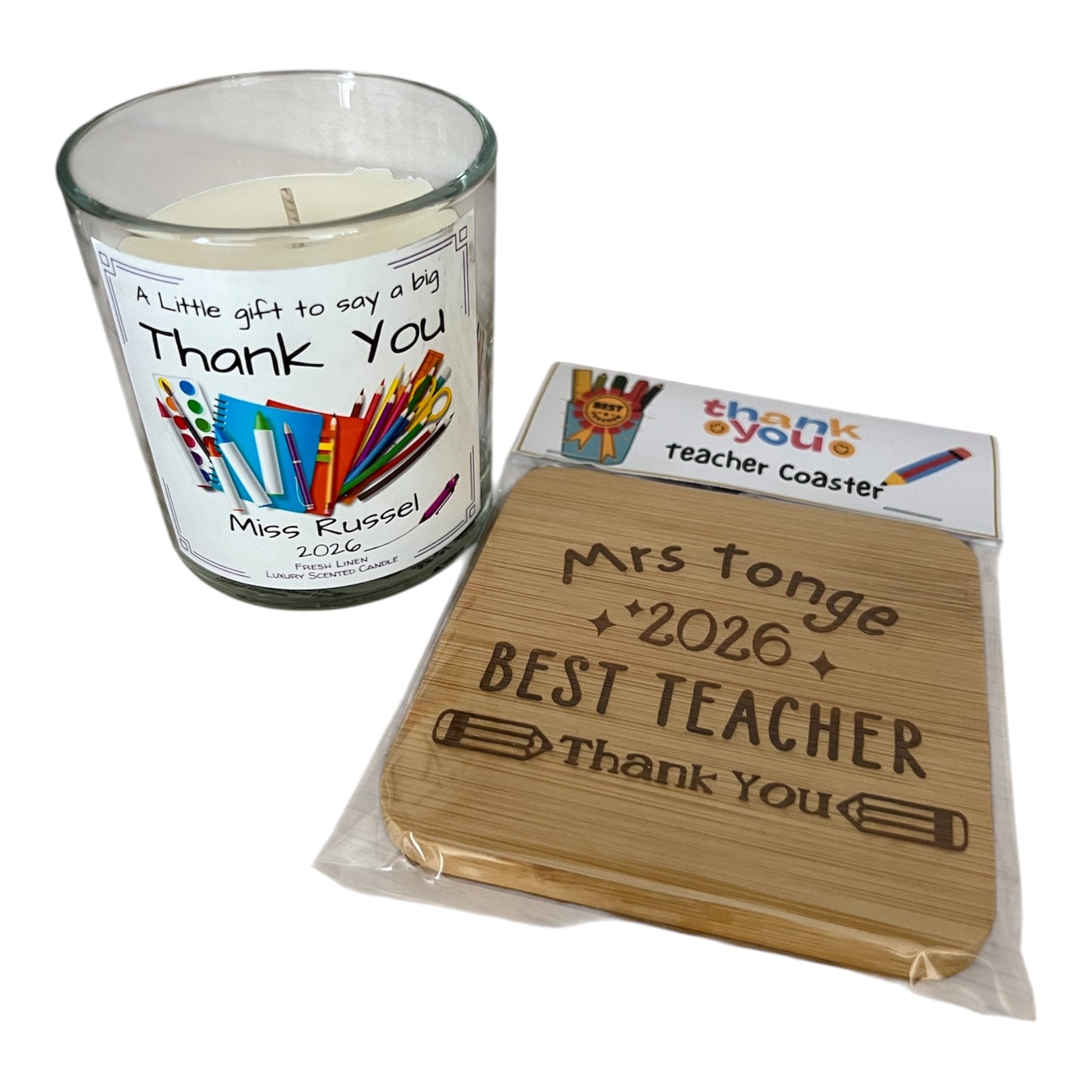 Teacher Thank You Scented Candle and Bamboo Coaster Personalised with Teachers Name.