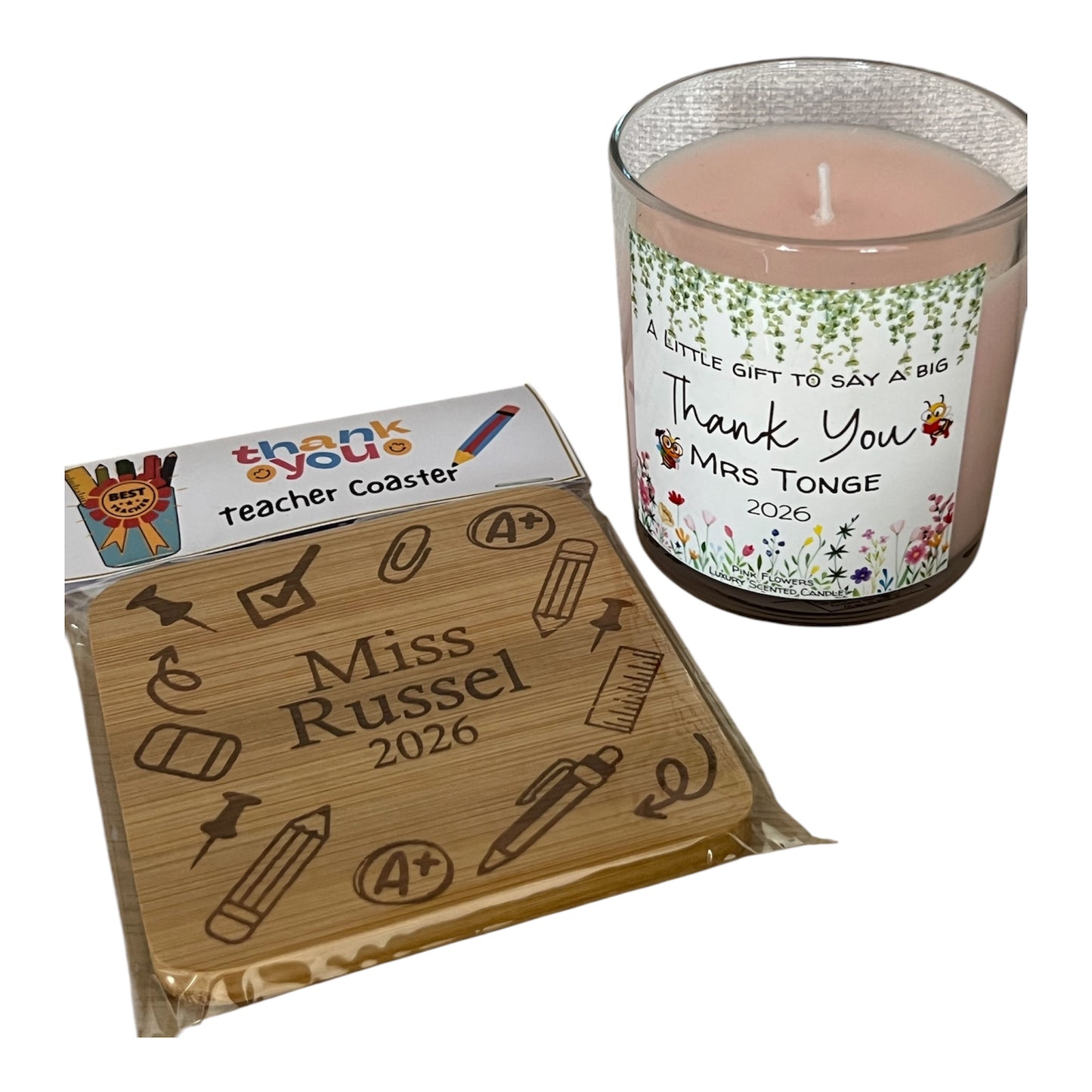 Teacher Thank You Scented Candle and Bamboo Coaster Personalised with Teachers Name.