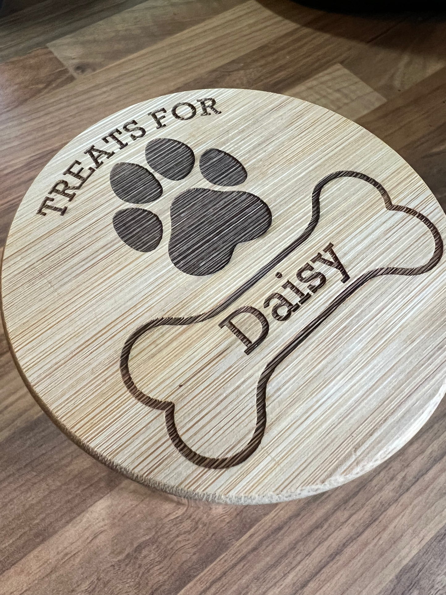 Dog treats jar personalised with name. engraved. pet treats storage jar, can be custom made to any words 2 sizes . Airtight bamboo lid.