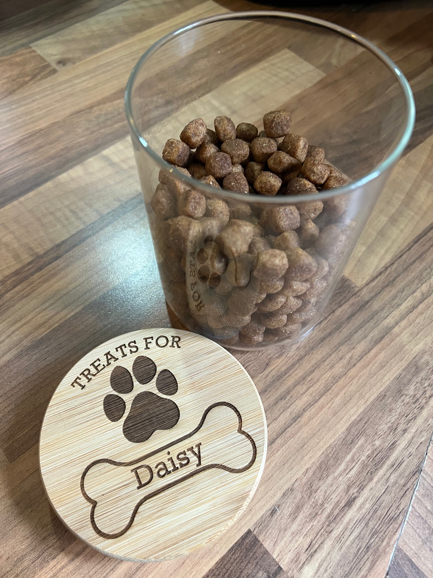 Dog treats jar personalised with name. engraved. pet treats storage jar, can be custom made to any words 1litre. Airtight bamboo lid.