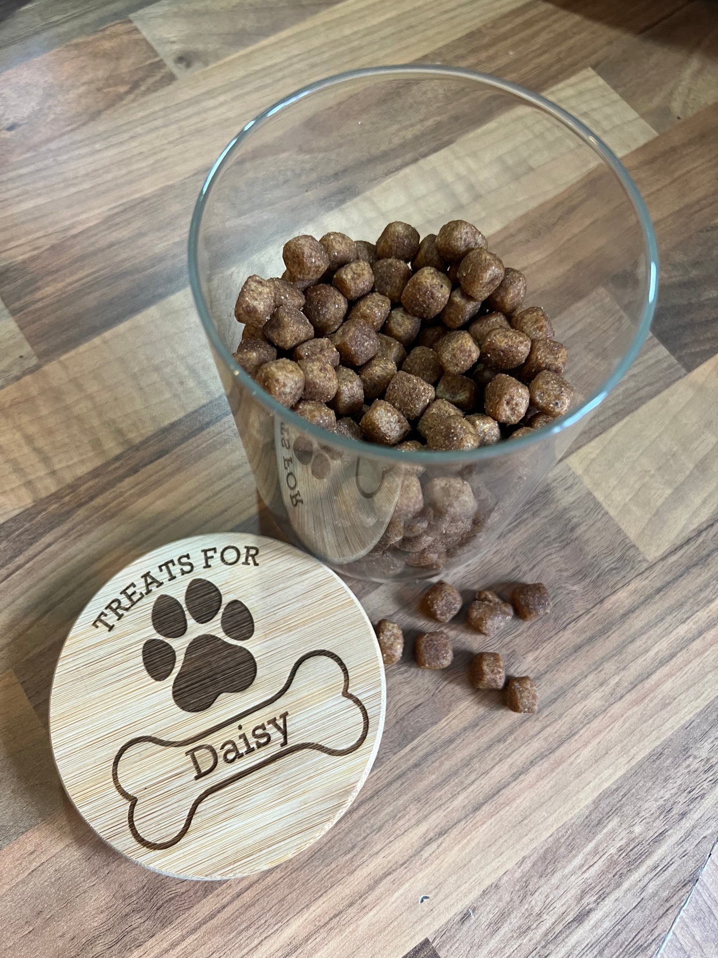 Dog treats jar personalised with name. engraved. pet treats storage jar, can be custom made to any words 2 sizes . Airtight bamboo lid.
