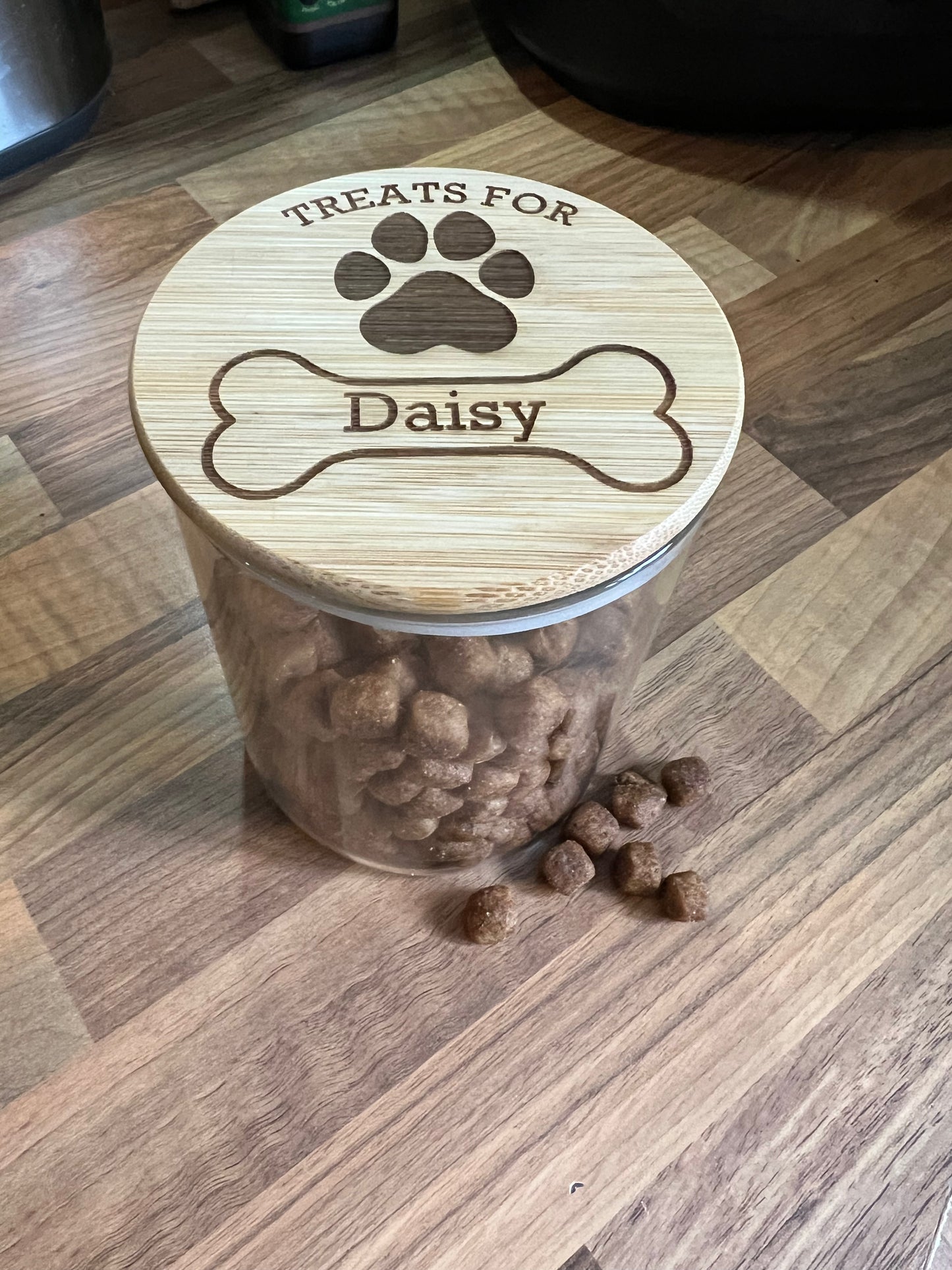 Dog treats jar personalised with name. engraved. pet treats storage jar, can be custom made to any words 1litre. Airtight bamboo lid.