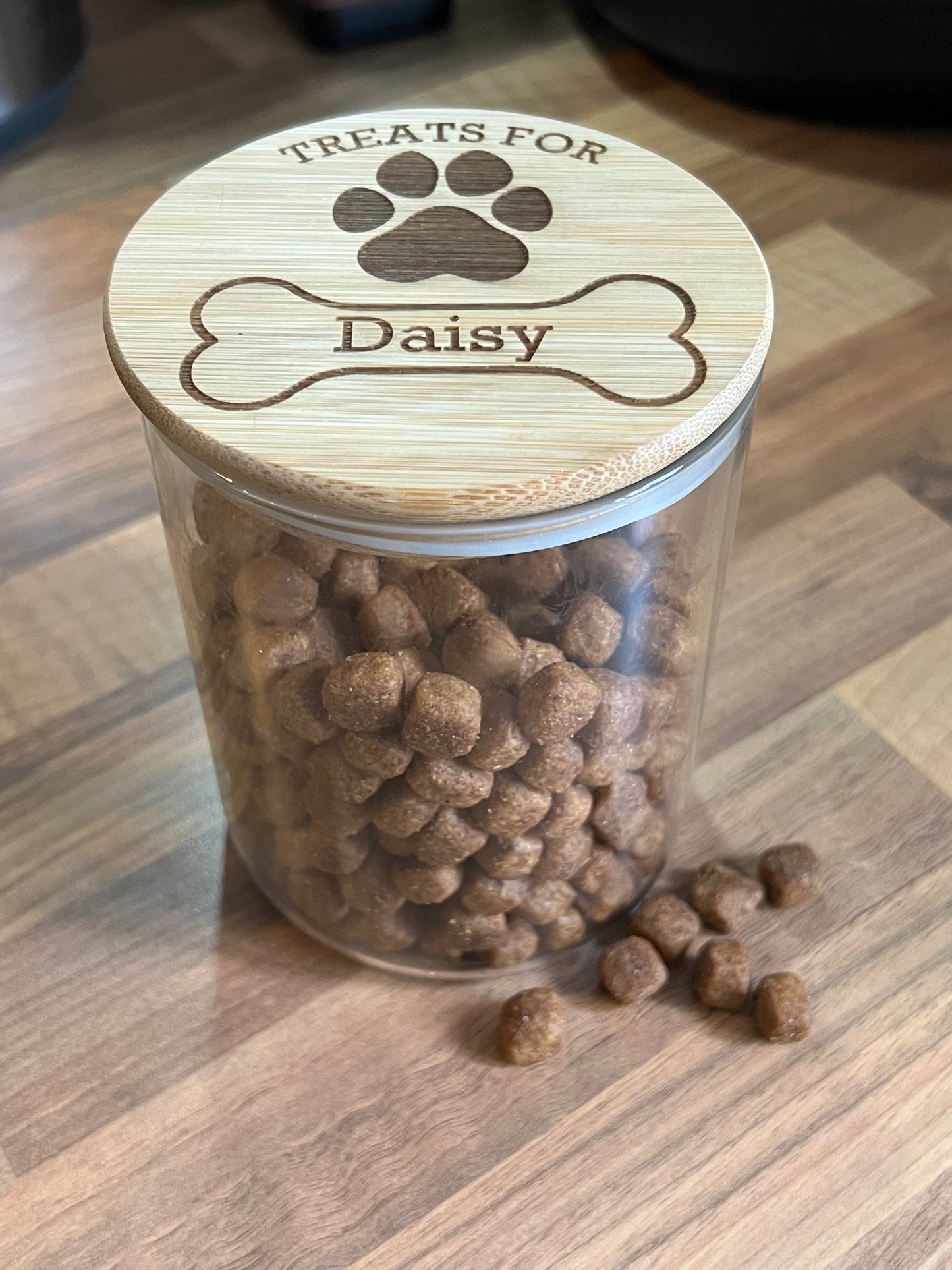 Dog treats jar personalised with name. engraved. pet treats storage jar, can be custom made to any words 2 sizes . Airtight bamboo lid.