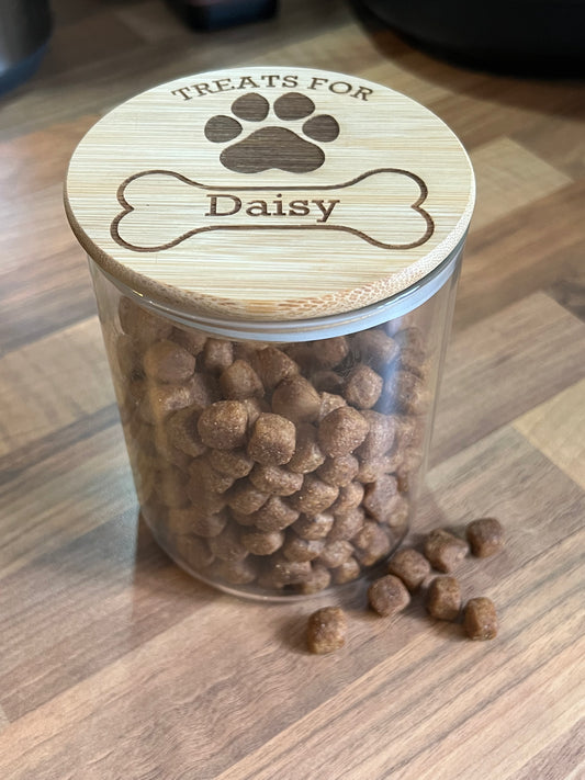 Dog treats jar personalised with name. engraved. pet treats storage jar, can be custom made to any words 1litre. Airtight bamboo lid.