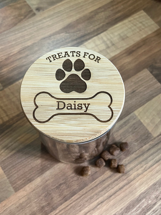 Dog treats jar personalised with name. engraved. pet treats storage jar, can be custom made to any words 1litre. Airtight bamboo lid.