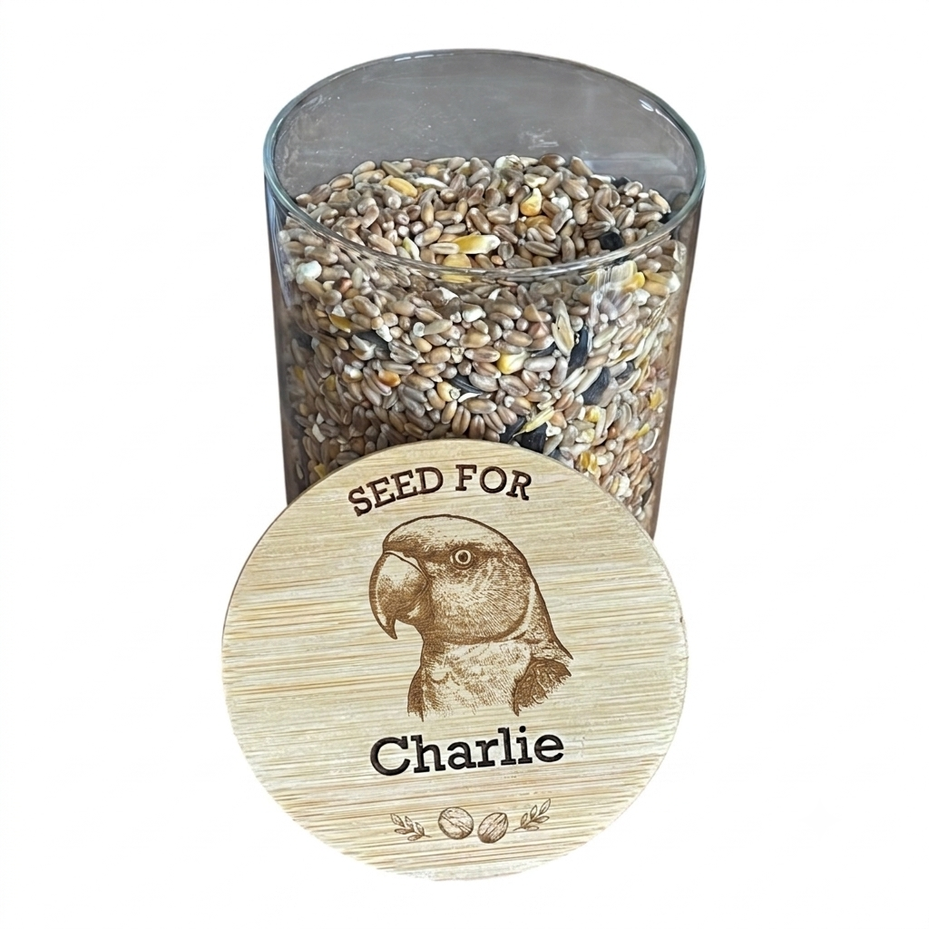 Personalised Engraved Bird Seed Jar — Budgie, Parakeet & Parrot Design