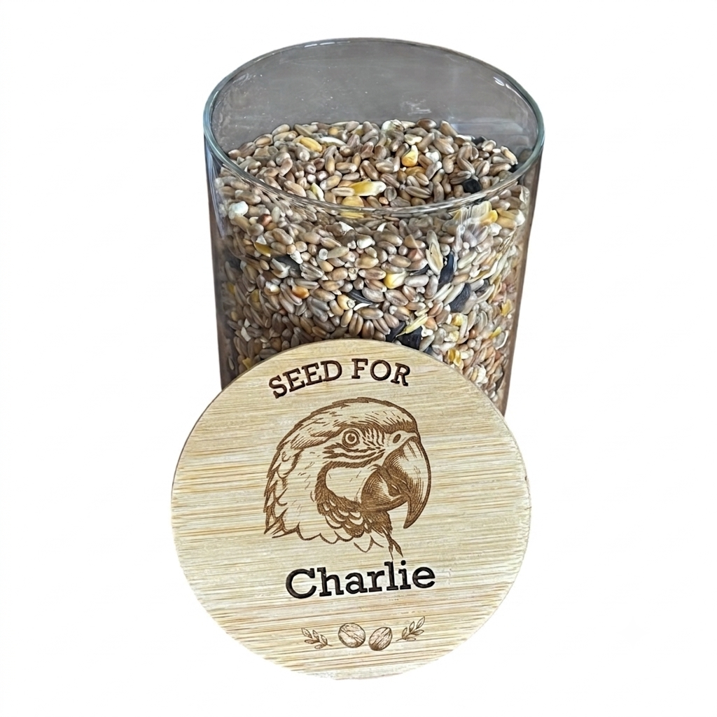 Personalised Engraved Bird Seed Jar — Budgie, Parakeet & Parrot Design