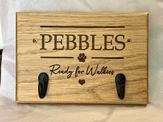 Personalised Dog Lead & Harness Holder | Solid Oak Wall Hook | Custom Engraved Pet Organiser