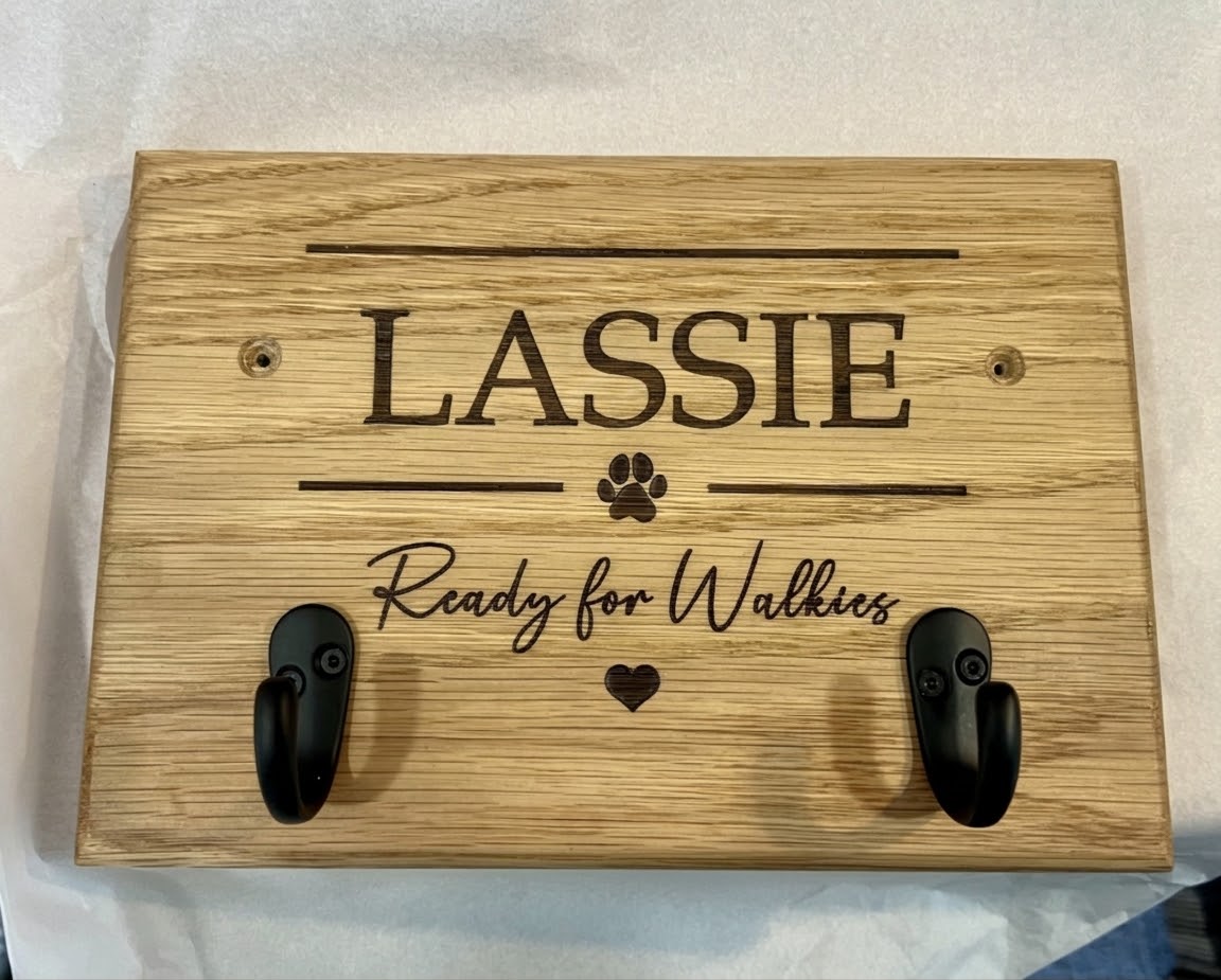 Personalised Dog Lead & Harness Holder | Solid Oak Wall Hook | Custom Engraved Pet Organiser