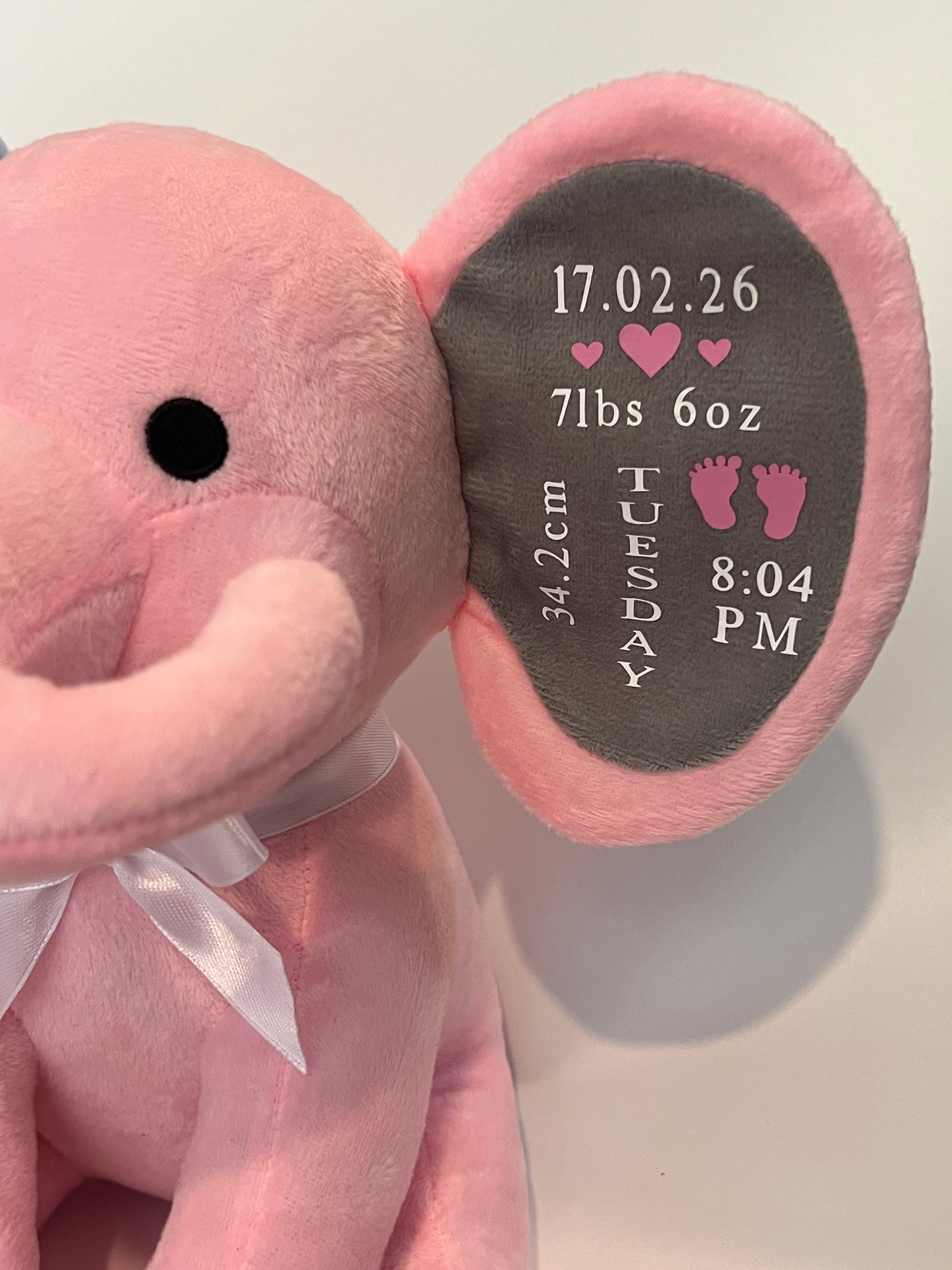 Personalised Plush Pink Elephant | Baby Stats Keepsake | New Baby & Shower Gift