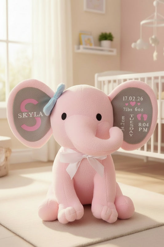Personalised Plush Pink Elephant | Baby Stats Keepsake | New Baby & Shower Gift