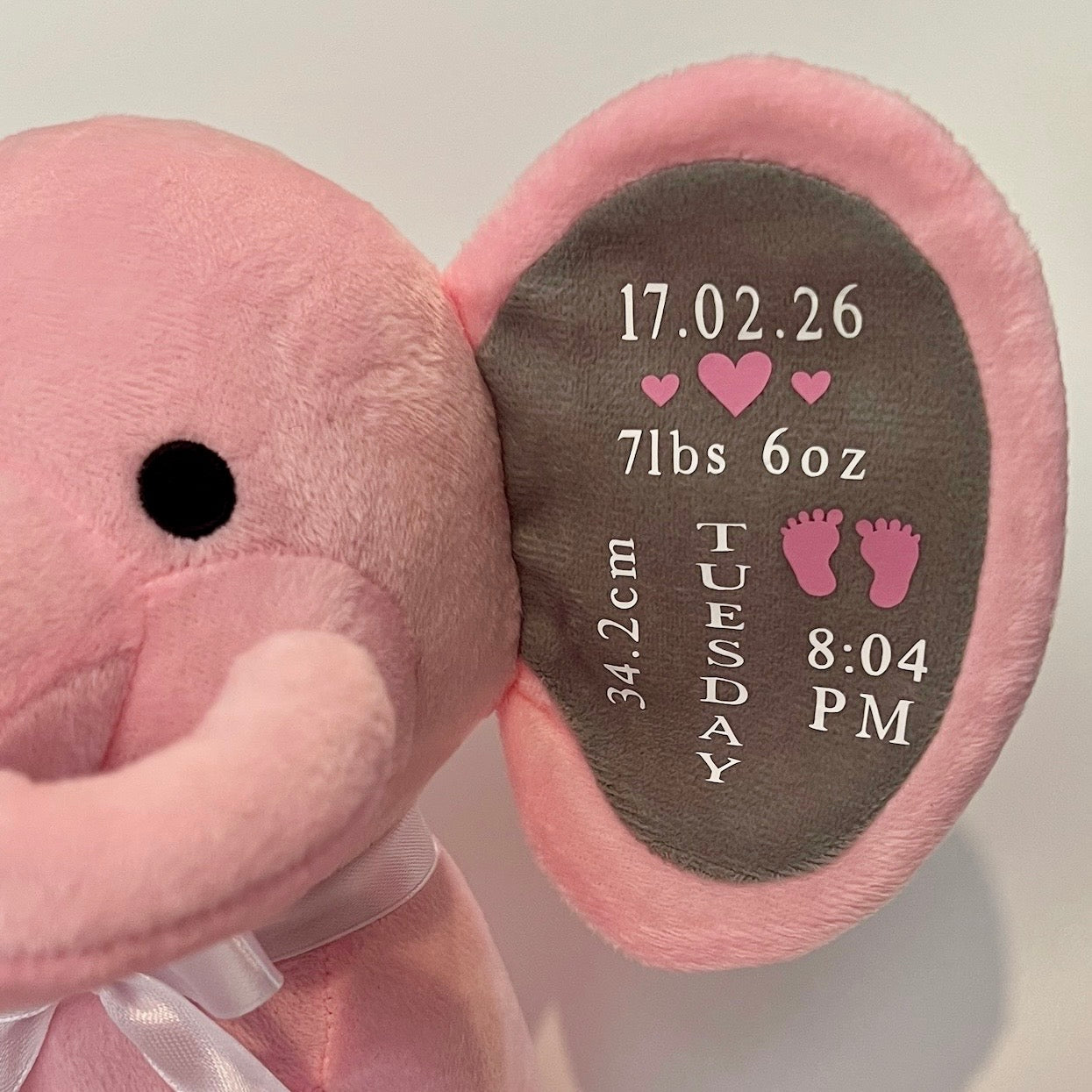 Personalised Plush Pink Elephant | Baby Stats Keepsake | New Baby & Shower Gift