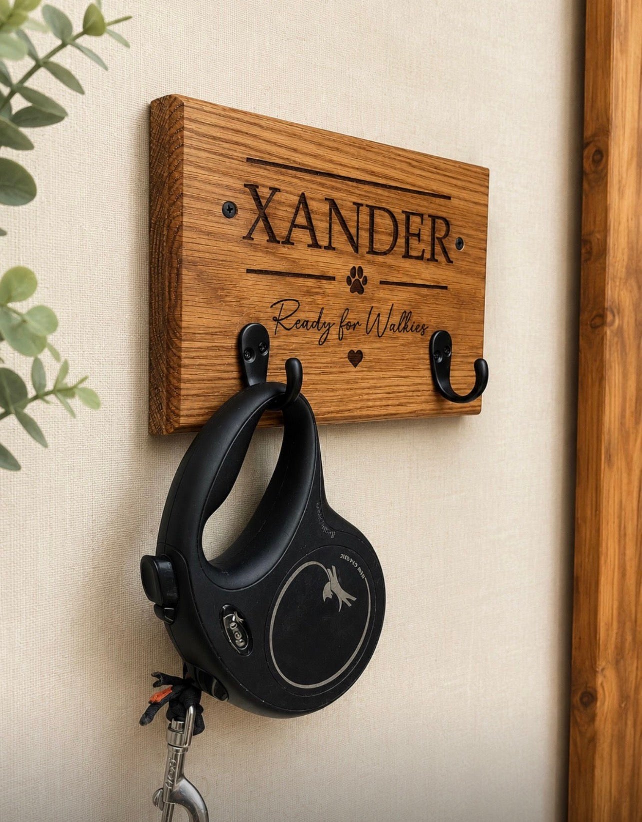 Personalised Solid Oak Dog Lead Holder-Engraved Dog Lead & Harness Hook. Custom Pet Wall Mounted Organiser.