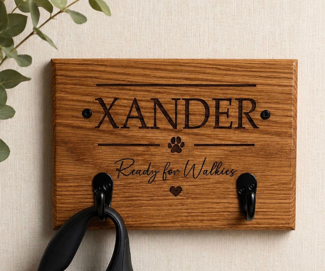 Personalised Solid Oak Dog Lead Holder-Engraved Dog Lead & Harness Hook. Custom Pet Wall Mounted Organiser.