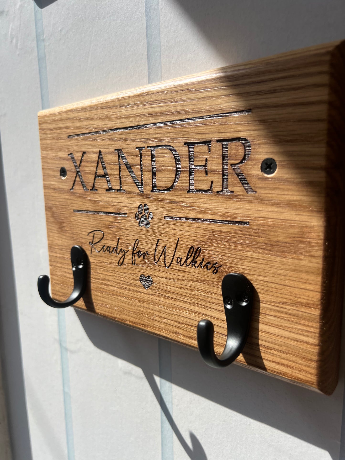 Personalised Solid Oak Dog Lead Holder-Engraved Dog Lead & Harness Hook. Custom Pet Wall Mounted Organiser.