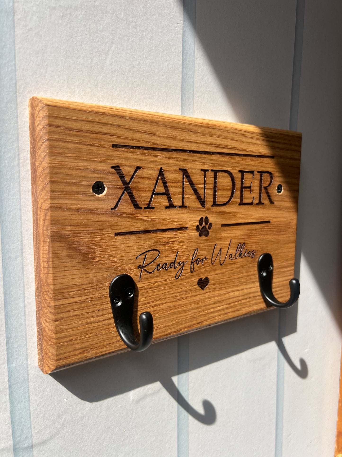 Personalised Solid Oak Dog Lead Holder-Engraved Dog Lead & Harness Hook. Custom Pet Wall Mounted Organiser.