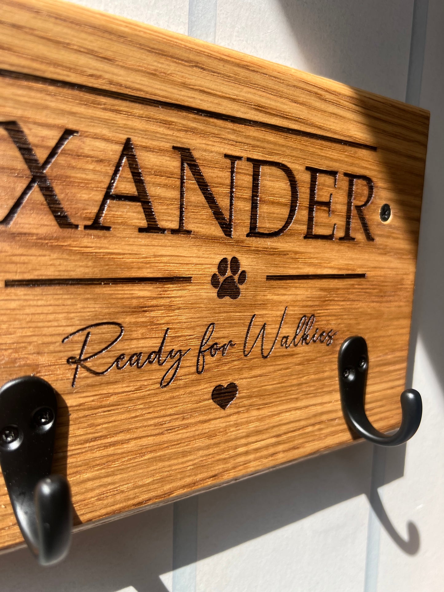 Personalised Solid Oak Dog Lead Holder-Engraved Dog Lead & Harness Hook. Custom Pet Wall Mounted Organiser.