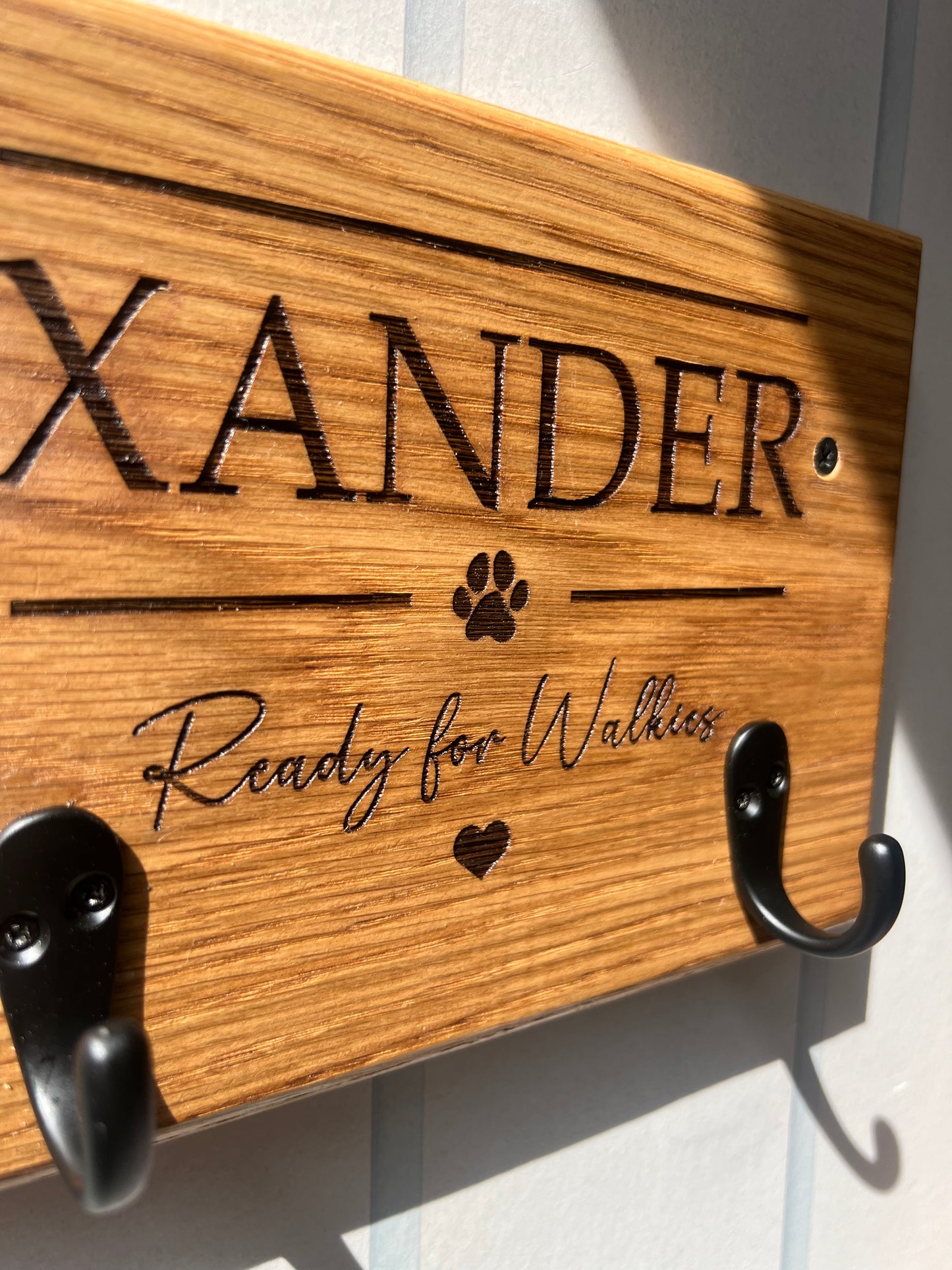 Personalised Solid Oak Dog Lead Holder-Engraved Dog Lead & Harness Hook. Custom Pet Wall Mounted Organiser.