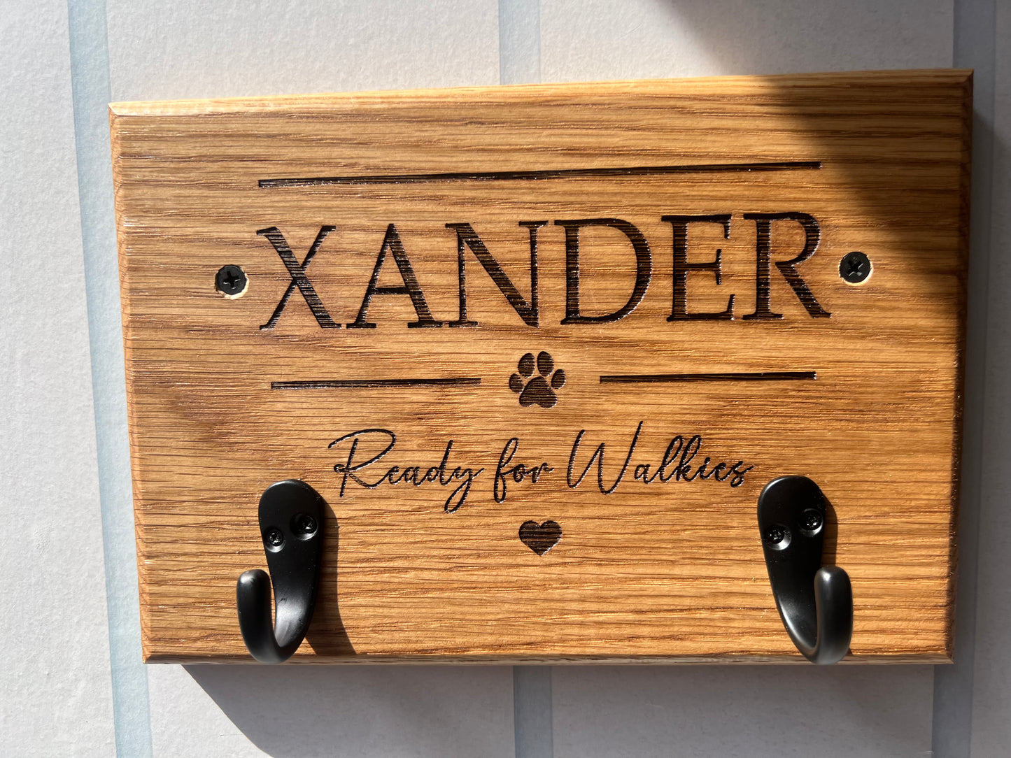 Personalised Solid Oak Dog Lead Holder-Engraved Dog Lead & Harness Hook. Custom Pet Wall Mounted Organiser.