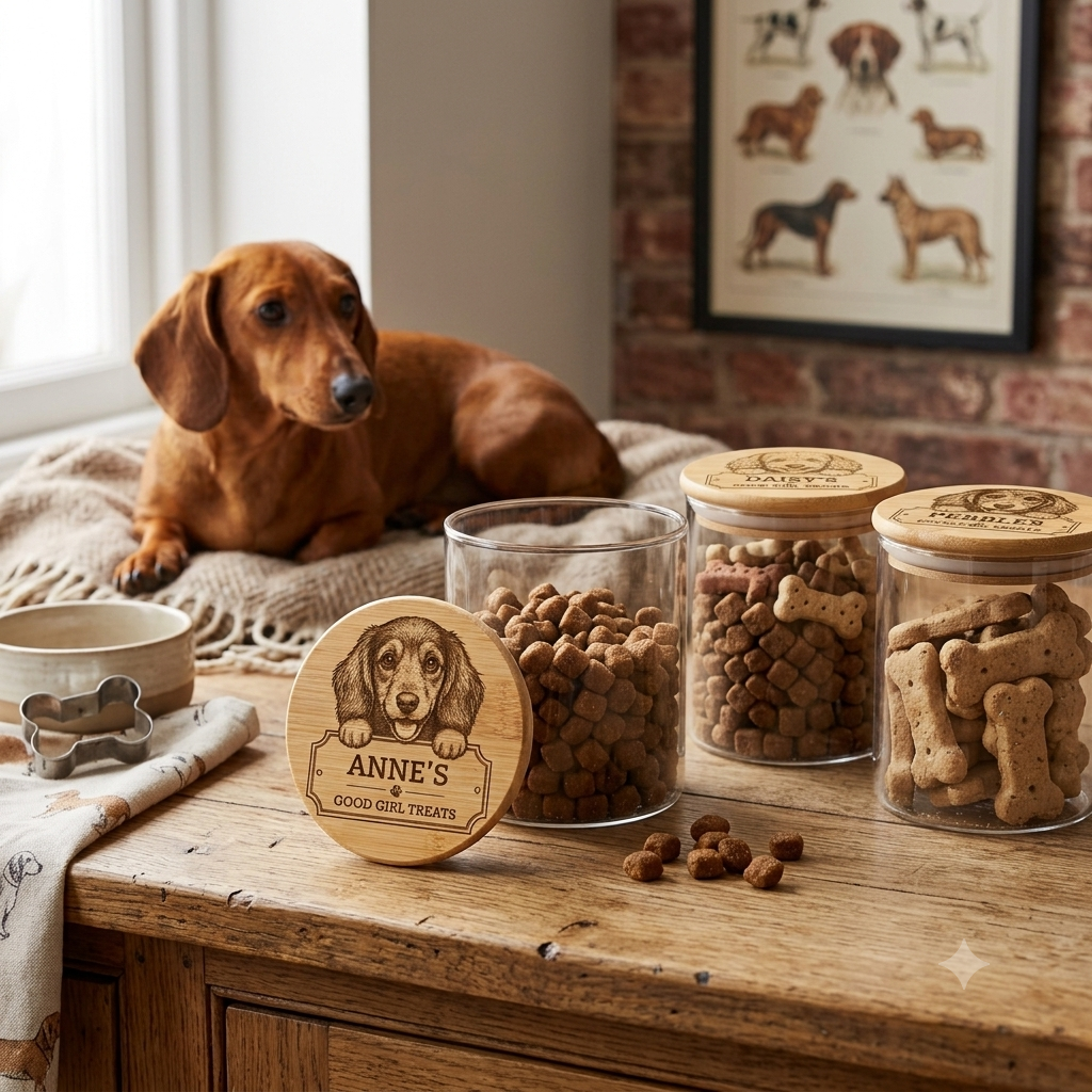 Personalised Dachshund Dog Treats Jar with Bamboo Lid, Custom Engraved Storage Container for Sausage Dog Gifts, 700ml Airtight Pet Food Canister