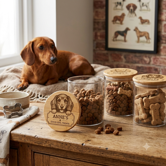 Personalised Dachshund Treats Jar | Sausage Dog Gift | Engraved Bamboo Lid