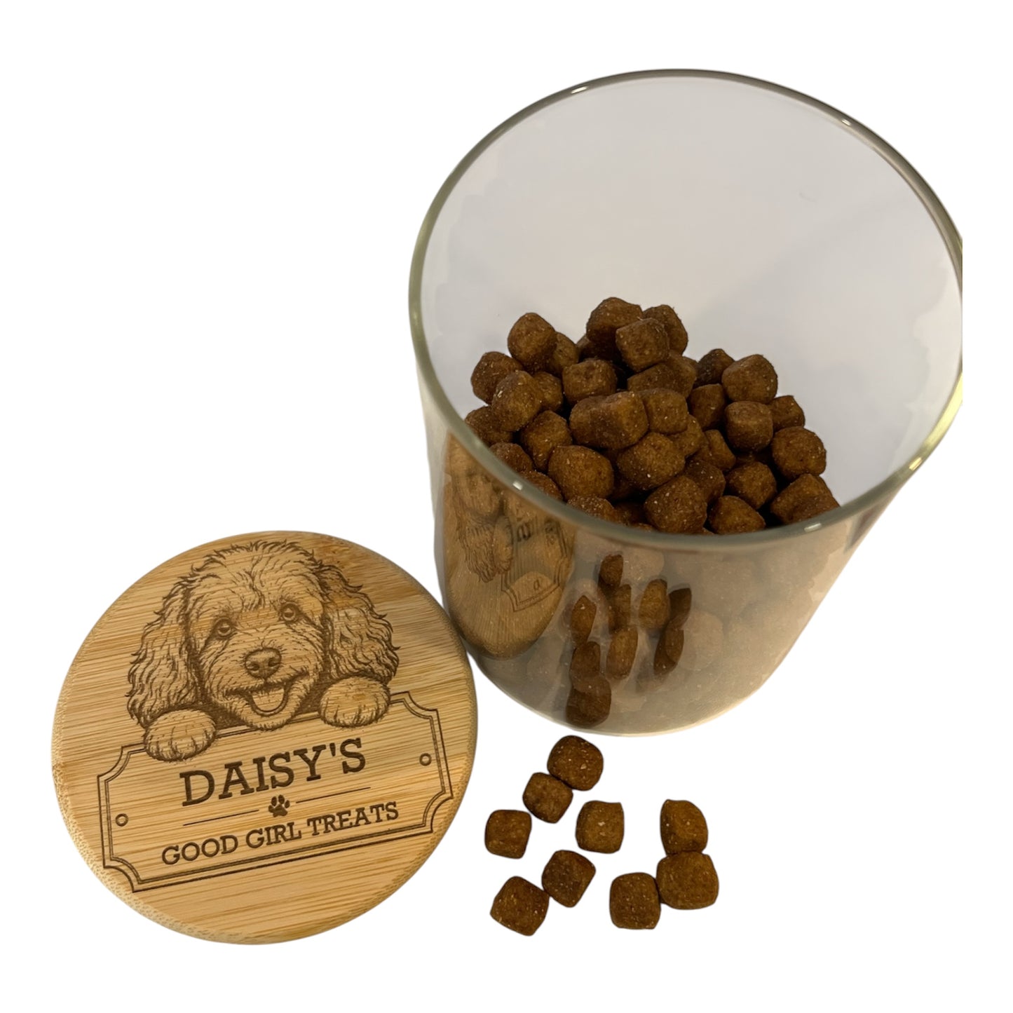 Personalised Engraved Dog Treats Jar with Bamboo lid - Cockapoo. Laser Engraved Puppy Gift, Airtight Treats Container.